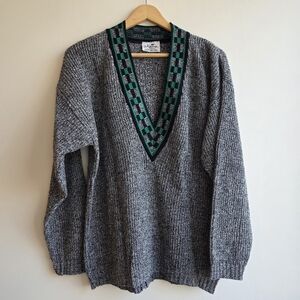 VINTAGE Alberoy Geometric V Neck Sweater Grey MADE IN USA 90s Y2K Rib Knit RARE